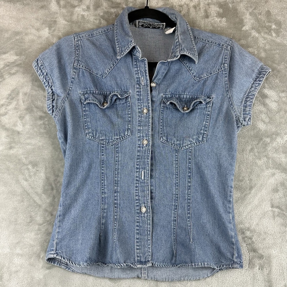 Bonjour Denim Button Front Blouse Women's M Blue Cotton Fitted